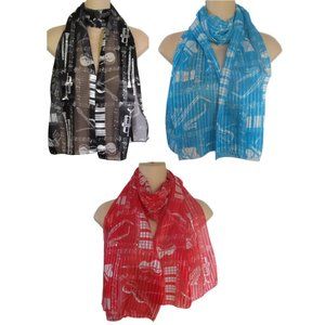 Music Instruments Scarves Violin Piano Sax Trumpet Keyboard Red Black Turquoise